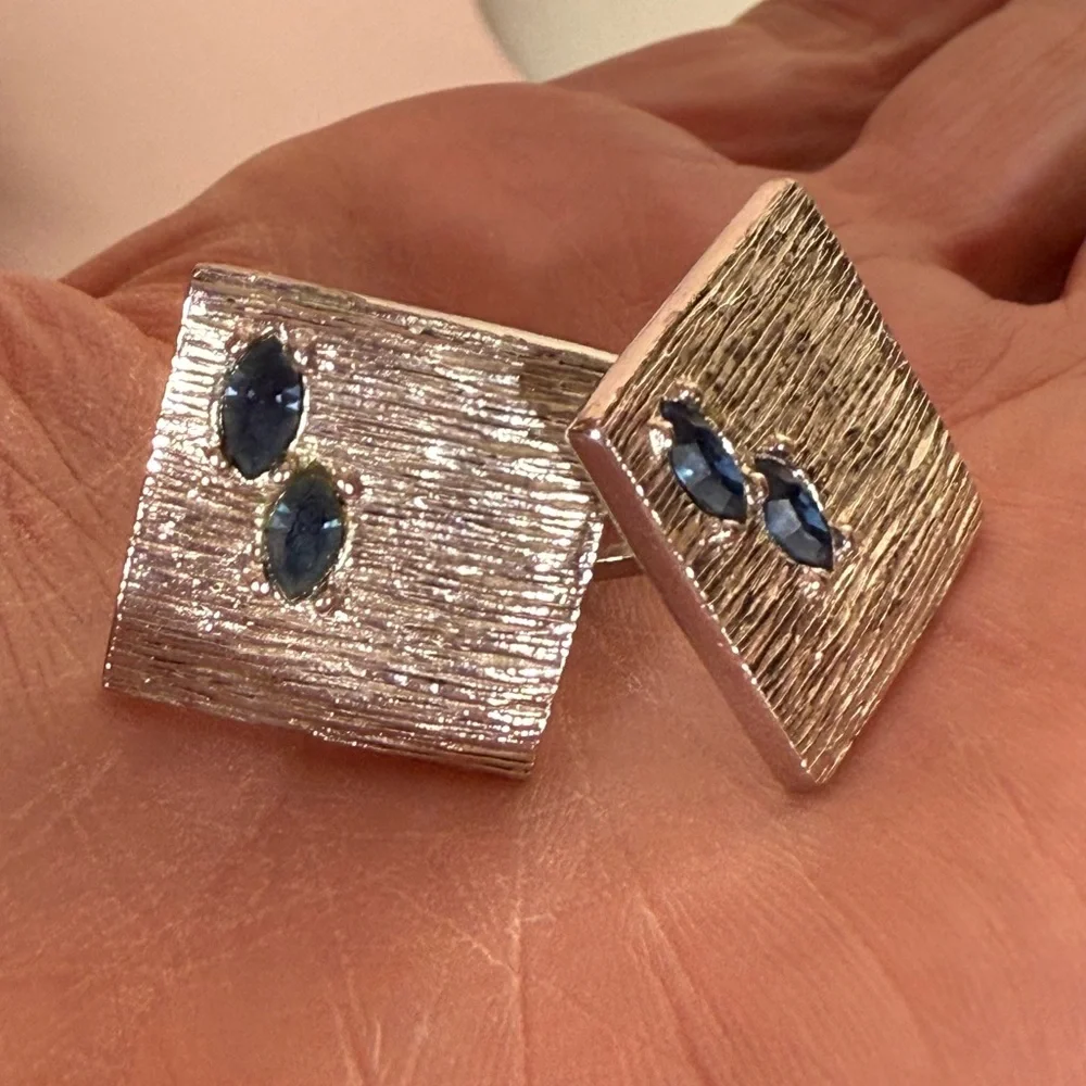 Vintage 1940- 60 Swank Art deco silver Blue Marquise stone Square cuff links